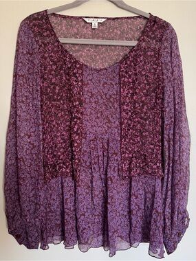Cabi Silk Sonnet Blouse Purple Mangenta Long Sleeve Sheer Floral Boho Size S